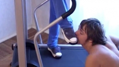 Slave trampled on a treadmill sniffin dirty mistress' shoes & feets