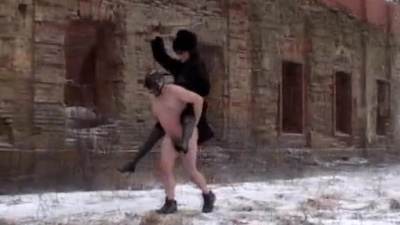 Goddess ballbusting and rides her masked pony slave outdoors